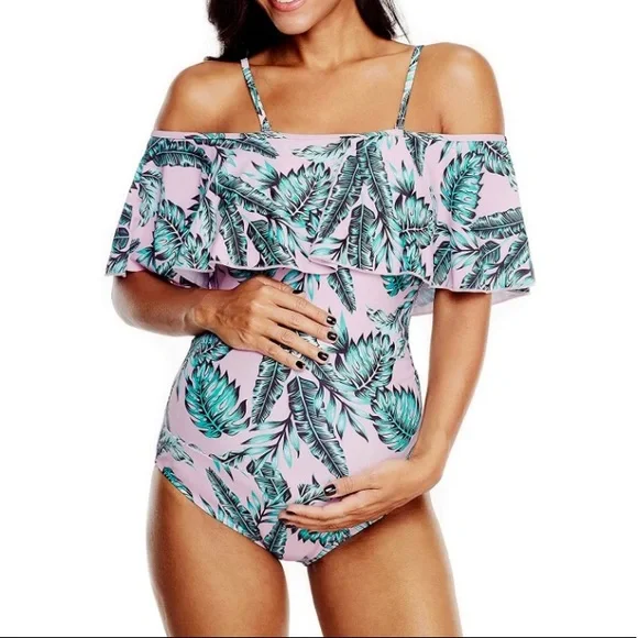 🎉 2X HOST PICK | New Tropical Leaf Flounce Off The Shoulder Maternity Swimsuit - Picture 3 of 11